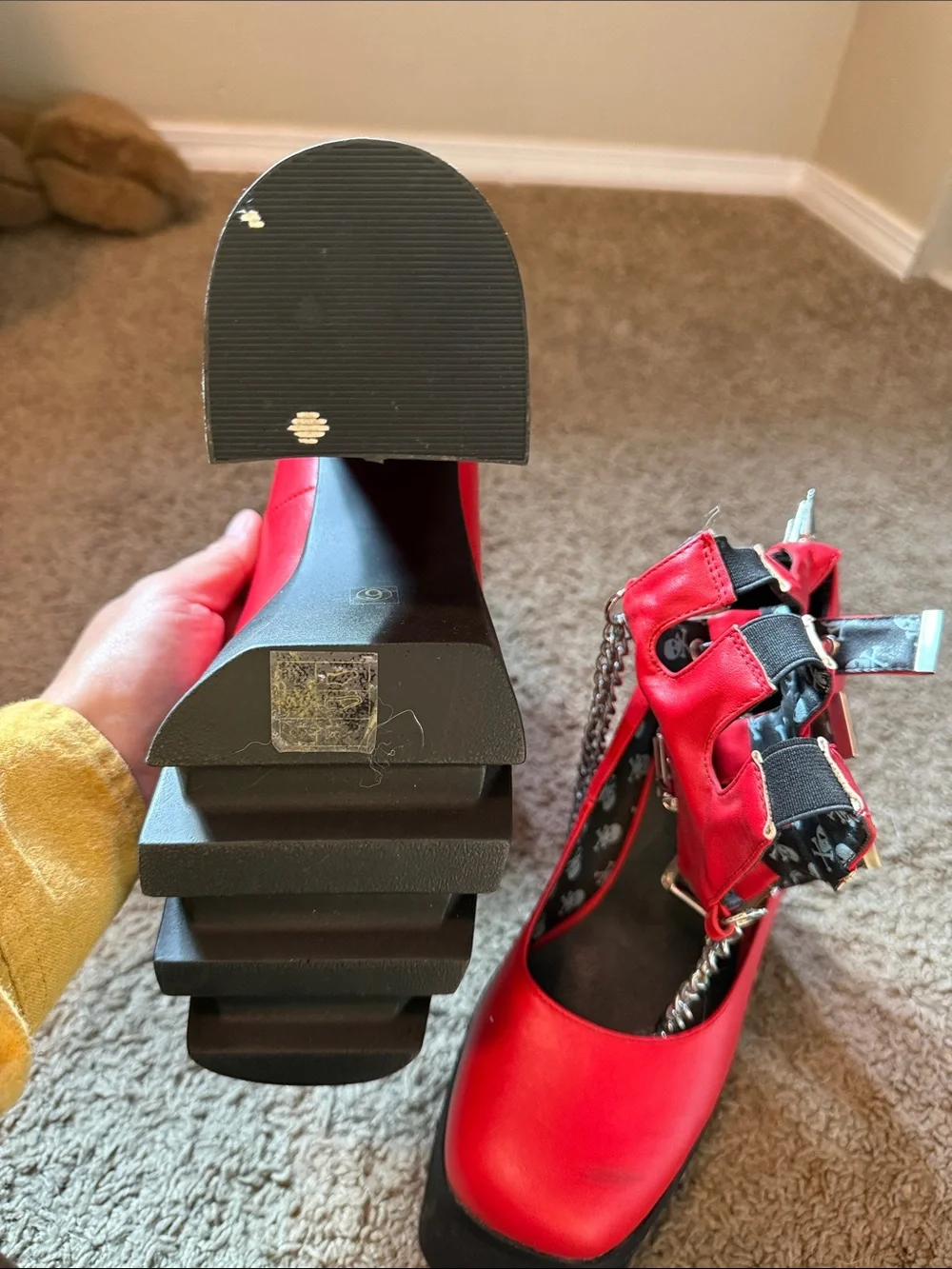 LaModa Red Platform Mary Janes with Black Chunky Sole and Chain Ankle Strap